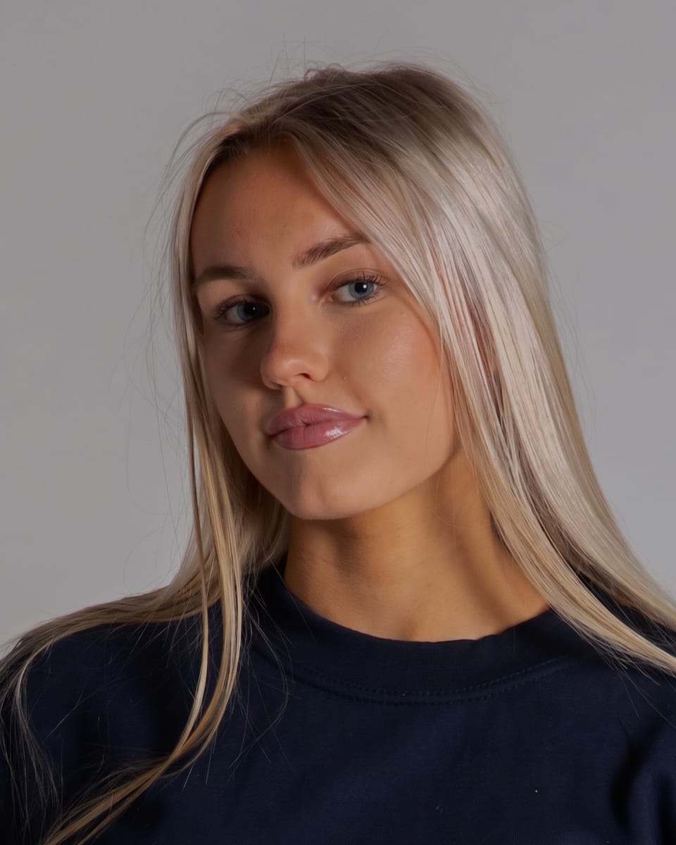Maria in the studio, blonde hair down, looking to camera in a navy tee.